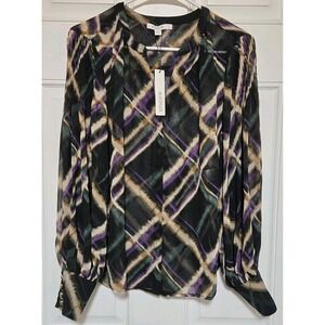 NWT Chico's Moody Plaid Pintuck Long Sleeve Blouse Sz 1 Business Core Elegant